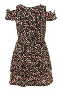 Musta kukallinen mekko, jossa on lyhyet hihnat, rypyttömät korostukset, elastinen vyötärö ja kerroksellinen hame, jossa on pieniä värikkäitä kukkakuoseja.