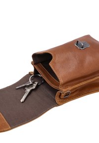 Braune Lederbörse mit strukturiertem Finish und Klappenverschluss, die Schlüssel enthält. Das Innere verfügt über ein glattes, dunkles Stofffutter.