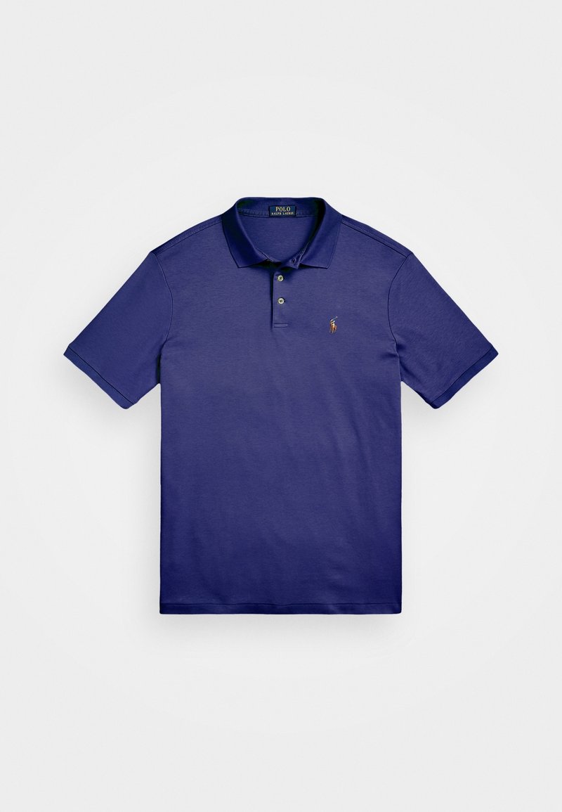 Polo shirt in dark purple, short sleeves, soft fabric, classic collar, three-button placket, embroidered logo on the left chest.