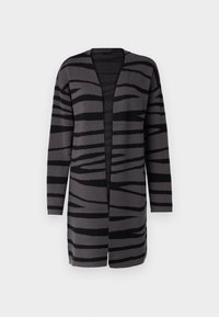 Długi kardigan w szaro-czarnym kolorze z wzorem w paski. Posiada otwarty przód, długie rękawy oraz miękką fakturę.