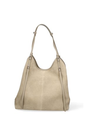 Borsa a tracolla in camoscio beige con una singola tracolla, due cinghie regolabili con fibbia sulla parte anteriore e una forma morbida e cascante rettangolare.