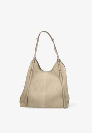 Beige suède schoudertas met één riem, twee verstelbare gespbanden aan de voorkant en een zachte, slungelige rechthoekige vorm.
