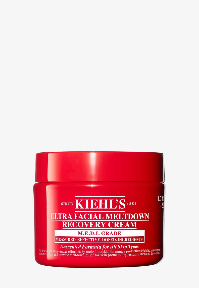 Pot rouge de crème Ultra Facial Meltdown Recovery de Kiehl’s avec formule sans parfum pour tous types de peau, 50 ml, étiquetée ingrédients de qualité M.E.D.I.