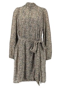 Vestido de manga larga con estampado floral, con cuello alto, cintura entallada con un cinturón de lazo, y una tela fluida en tonos beige, negro y marrón.