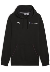 Černá mikina s kapucí vyrobená z bavlněné směsi. Obsahuje klokaní kapsu, kapuci na šňůrky a kontrastní fialové detaily. Loga Puma a BMW Motorsport.