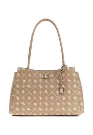 Sac à main beige Guess avec imprimé logo intégral, double poignée et breloques décoratives suspendues à l'avant.