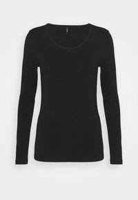 Svart långärmad skjorta gjord av slät tyg, med rundad halsringning och figursydd design, med en fåll som slutar vid höfterna.