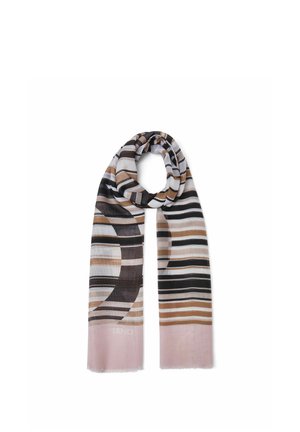 Sciarpa lunga e leggera con strisce orizzontali nere, marroni, bianche e rosa, annodata delicatamente al centro.