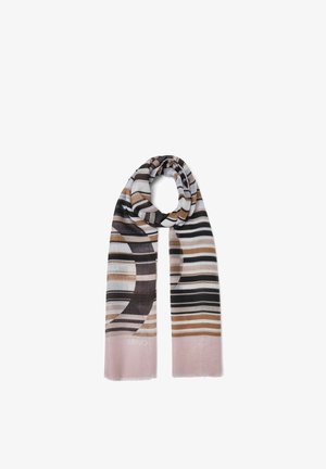 Langer, leichter Schal mit horizontalen Streifen in Schwarz, Braun, Weiß und Pink, locker in der Mitte geschlungen.