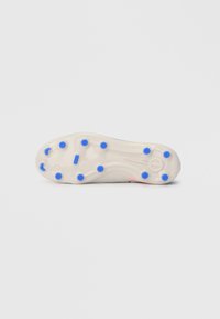 White soccer cleat sole with blue studs, featuring a smooth texture and slight curvature, designed for traction on grass surfaces.