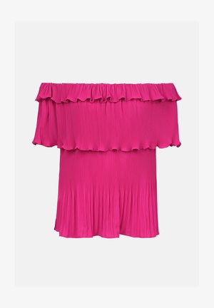 Off-shoulder dress in bright pink with pleated design, ruffled neckline, and flared hemline. Made from lightweight, textured fabric.
