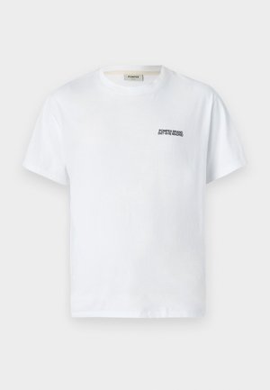 White cotton t-shirt featuring a round neck and short sleeves, with a black printed text detail on the front left side.