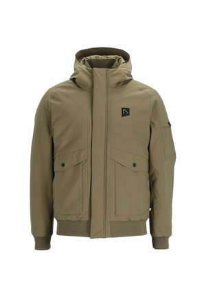 Khaki Kapuzenjacke mit Frontreißverschluss, zwei aufgesetzten Taschen mit Knöpfen, gerippten Bündchen und Saum sowie einem kleinen schwarzen quadratischen Logo auf der Brust.