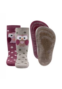 Kindersocken mit einem pinken und burgunderfarbenen Eulendesign, Punkten, weichem Material und gemusterten Griffen an der Sohle für besseren Halt.