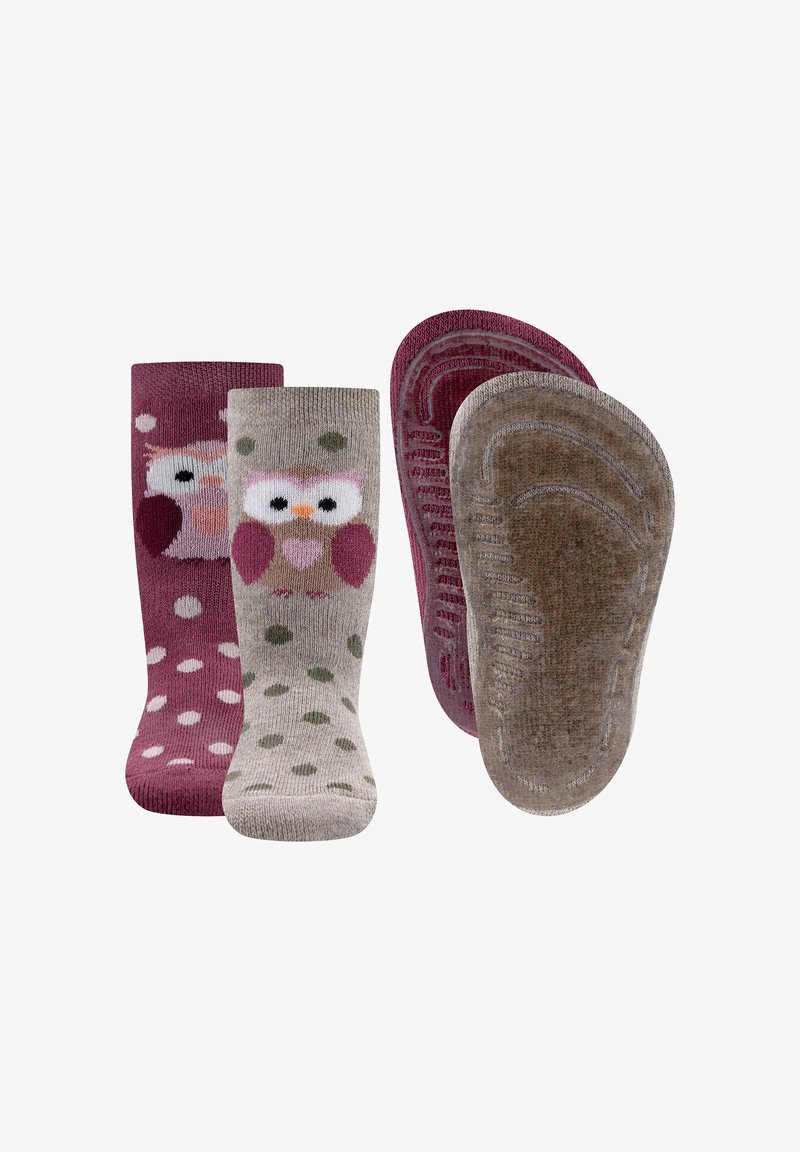 Chaussettes pour enfants avec un design de hibou rose et bourgogne, des pois, un tissu doux et des motifs antidérapants sur les semelles pour plus de traction.