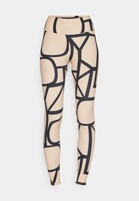 Beige leggings med svarte geometriske mønstre. Høy midje-design med en glatt tekstur og stretchy stoff. Fittet silhuett.