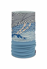 Gaiter de cuello multifuncional en suave forro polar azul, con una parte superior estampada con olas en azul marino y azul claro, y acentos en rosa.