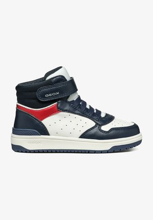 High-top sneakers i marineblå, hvit og rød skinn. Har perforerte sider, polstret krage og justerbar borrelåsrem. Strukturert gummisåle.