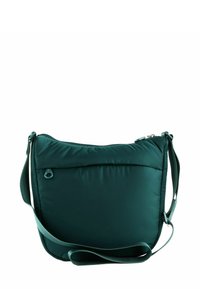 Sac à épaule matelassé turquoise avec fermeture éclair, bandoulière réglable et design à bord roulé. Comprend une petite boucle d'accent sur le côté.