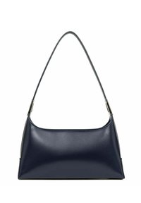 Sac à épaule en cuir bleu marine avec une texture lisse, un design incurvé et une fine bandoulière unique. Il présente un matériel métallique aux points d'attache de la bandoulière.