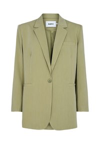 Grön, skräddarsydd blazer med slät textur, snittade slag, enkel knappstängning och två framfickor. Etikett synlig inuti kragen.