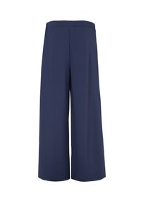 Culottes larges navy en tissu doux, avec une taille lisse et une silhouette décontractée et fluide, sans matériel ni motifs visibles.