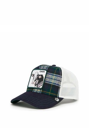 Gorra de camionero con diseño de algodón a cuadros y malla. Visera en azul marino oscuro, corona a cuadros en verde y azul, con un parche de gráfico de vaca etiquetado "CASH."