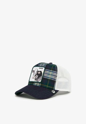 Gorra de camionero con diseño de algodón a cuadros y malla. Visera en azul marino oscuro, corona a cuadros en verde y azul, con un parche de gráfico de vaca etiquetado "CASH."