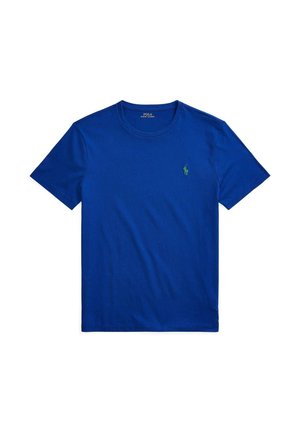 Niebieski T-shirt z krótkim rękawem i okrągłym dekoltem oraz małym zielonym wyszywanym logo Polo Ralph Lauren po lewej stronie klatki piersiowej.