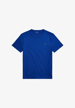 Blaues T-Shirt mit kurzen Ärmeln und Rundhalsausschnitt mit kleinem grünem besticktem Polo Ralph Lauren Logo auf der linken Brust.