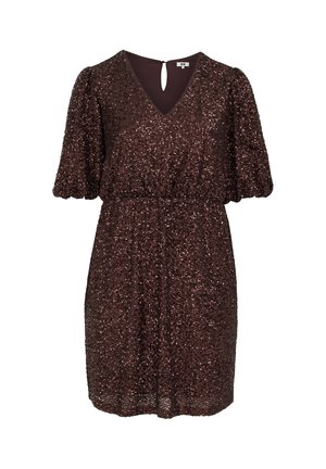 Robe à sequins bordeaux foncé, avec un décolleté en V, des manches bouffantes et une taille ajustée, sur fond blanc.