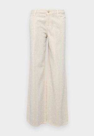 Beige wide-leg pants with a smooth texture featuring metallic silver sequins arranged in a pattern across the front and back.