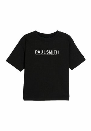 Sort bomulds t-shirt med korte ærmer, prydet med hvid tekst "PAUL SMITH" og et slogan. Enkel rund halsudskæring og afslappet pasform.