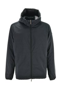 Zwarte donsjas met capuchon, voorzien van een volledige ritssluiting aan de voorkant, lange mouwen en elastische manchetten. Gladde buitenkant met een doorgestikte voering aan de binnenkant.