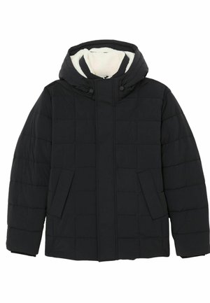 Čierna prešívaná bunda s kapucňou, vybavená mäkkou krémovou podšívkou, vzorom stehov, prednými vreckami a zapínaním na patentky.