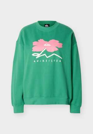 Zöld pulóver nagy rózsaszín virág grafikával, fehér Quiksilver logóval és felirattal az elején, bordázott mandzsettákkal és szegéllyel.