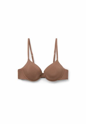 Braun, kabelloser BH mit geformten Cups, verstellbaren Trägern und glatter Textur. Hat ein einfaches Design ohne Verzierungen.