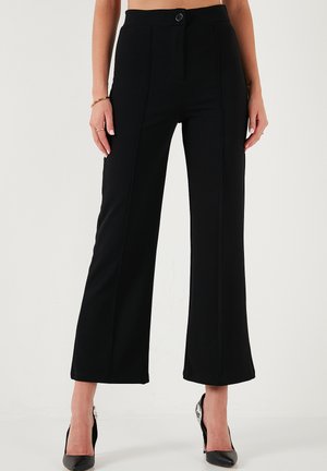 Black wide-leg pants featuring a high waist, front button closure, and stitched detailing. Made from a smooth, structured fabric.