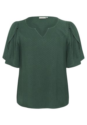 Groene blouse met korte mouwen van gestructureerde stof, voorzien van een V-hals en geplooide details op de mouwen. Ruitpatroon over het hele oppervlak.