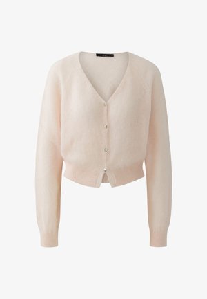 Cardigan court rose pâle à manches longues, col en V, bordures côtelées aux poignets et à l'ourlet, avec quatre petits boutons sur le devant.