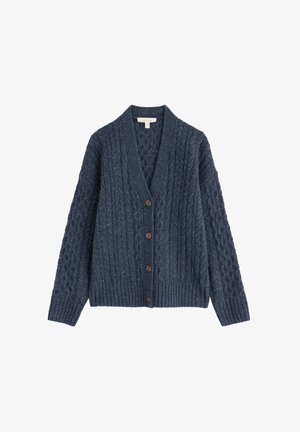 Cardigan tricoté bleu marine foncé avec un motif en câble texturé, décolleté en V et cinq boutons marron. Détails en côtes aux poignets et à l'ourlet.