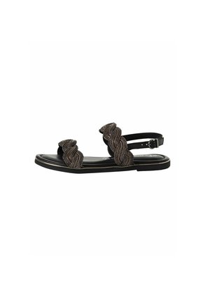 Sorte flade sandaler med to fletstraps lavet af tekstureret materiale, med justerbar ankelrem og en glat sål.