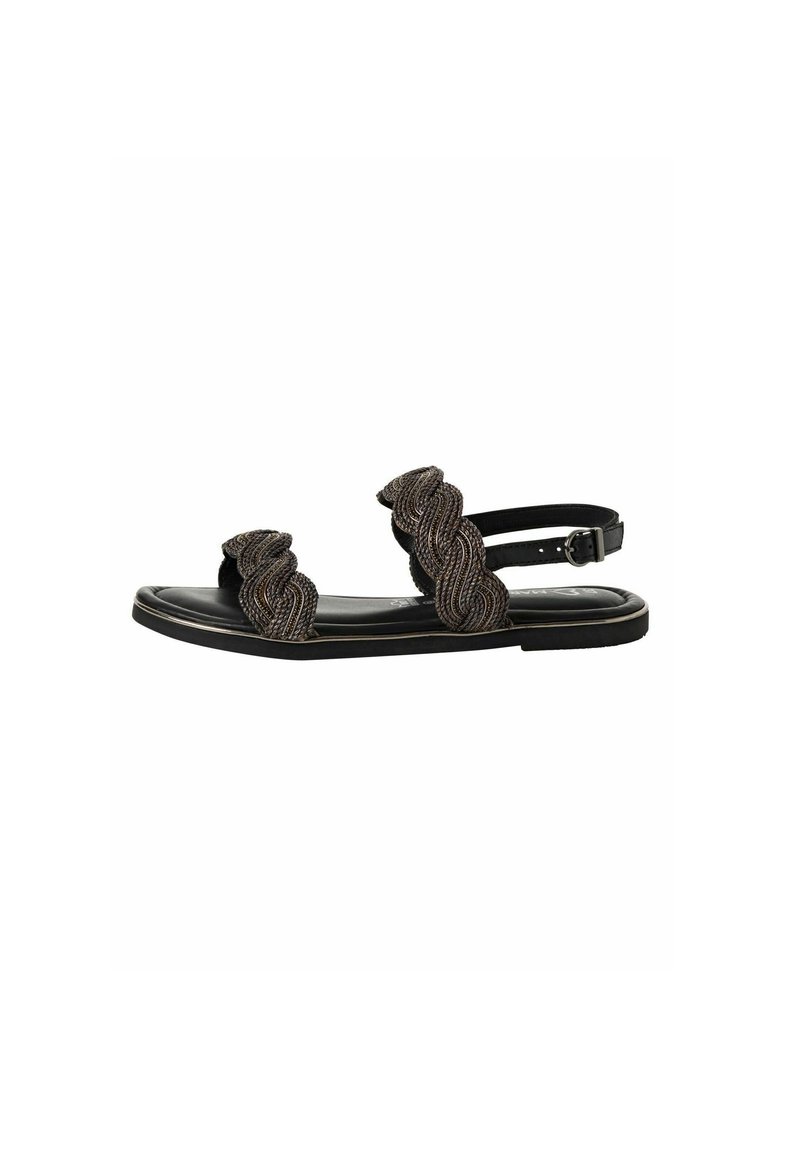 Sorte flade sandaler med to fletstraps lavet af tekstureret materiale, med justerbar ankelrem og en glat sål.