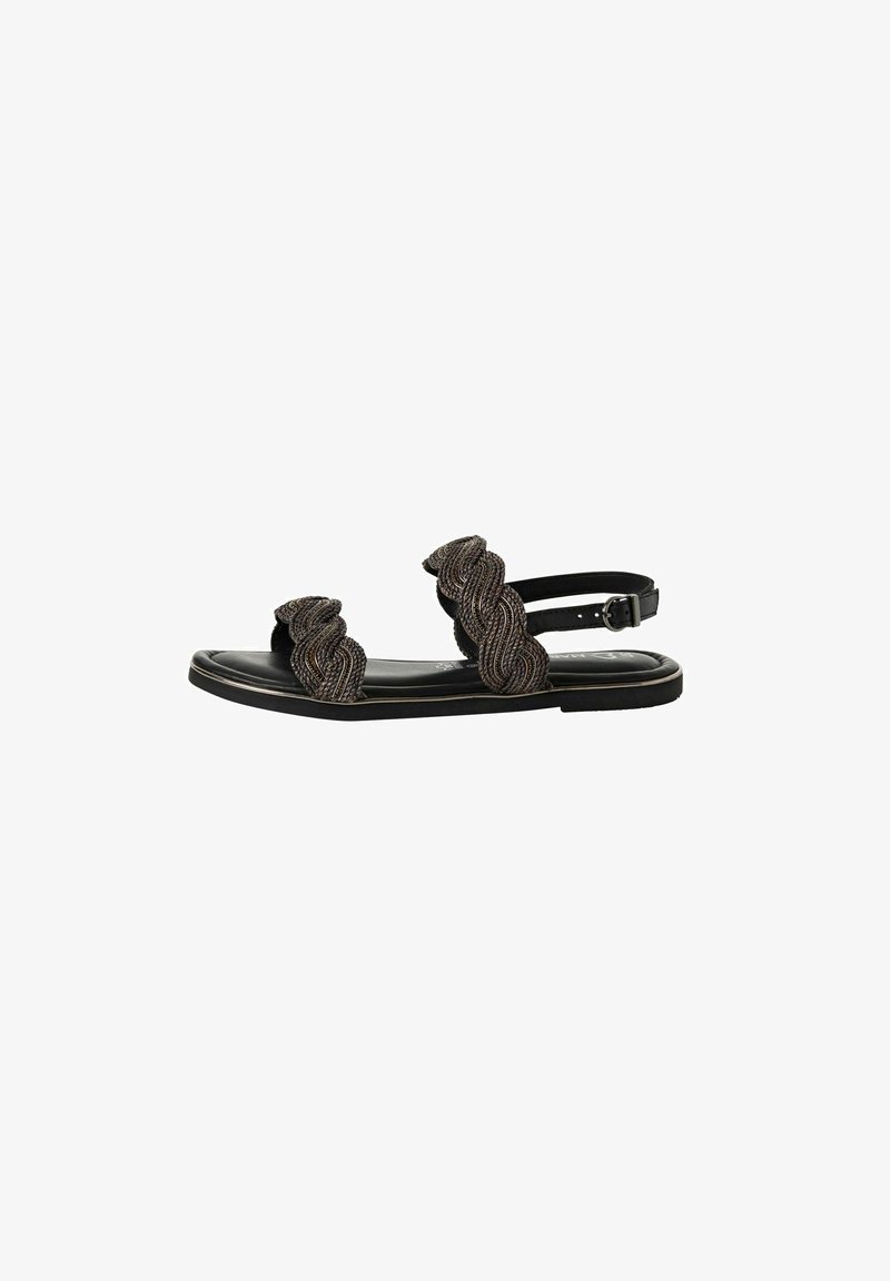 Zwarte platte sandalen met twee gevlochten banden van een gestructureerd materiaal, met verstelbare enkelband en een gladde zool.