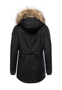 Czarna parka z kapturem wyłożonym sztucznym futrem, elastycznym pasem i mankietami zapinanymi na guziki. Gładki materiał o prostym kroju.
