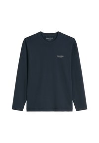 Marineblaues langärmeliges T-Shirt aus Baumwolle, mit rundem Ausschnitt und kleinem weißem Logo auf der Brust. Glatte Textur, klassischer Schnitt.