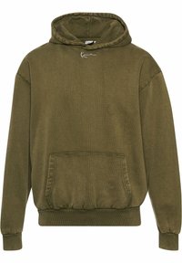 Un hoodie vert olive en tissu texturé, doté d'une poche avant, de bords côtes aux poignets et à l'ourlet, avec une capuche à cordon de serrage et un détail de logo.