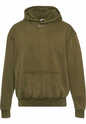 Olive green hoodie made of textured fabric, featuring a front pocket, ribbed cuffs, and hem, with a drawstring hood and logo detail.