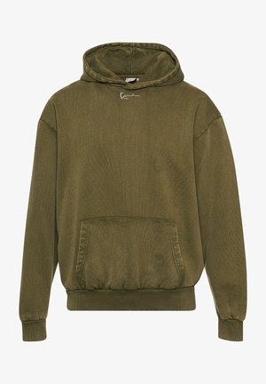 Olive green hoodie made of textured fabric, featuring a front pocket, ribbed cuffs, and hem, with a drawstring hood and logo detail.