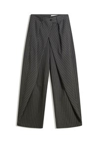 Grijze pinstripe broek met een ontspannen pasvorm, voorzien van een enkele knoopsluiting, plooien en een wijd beenontwerp.